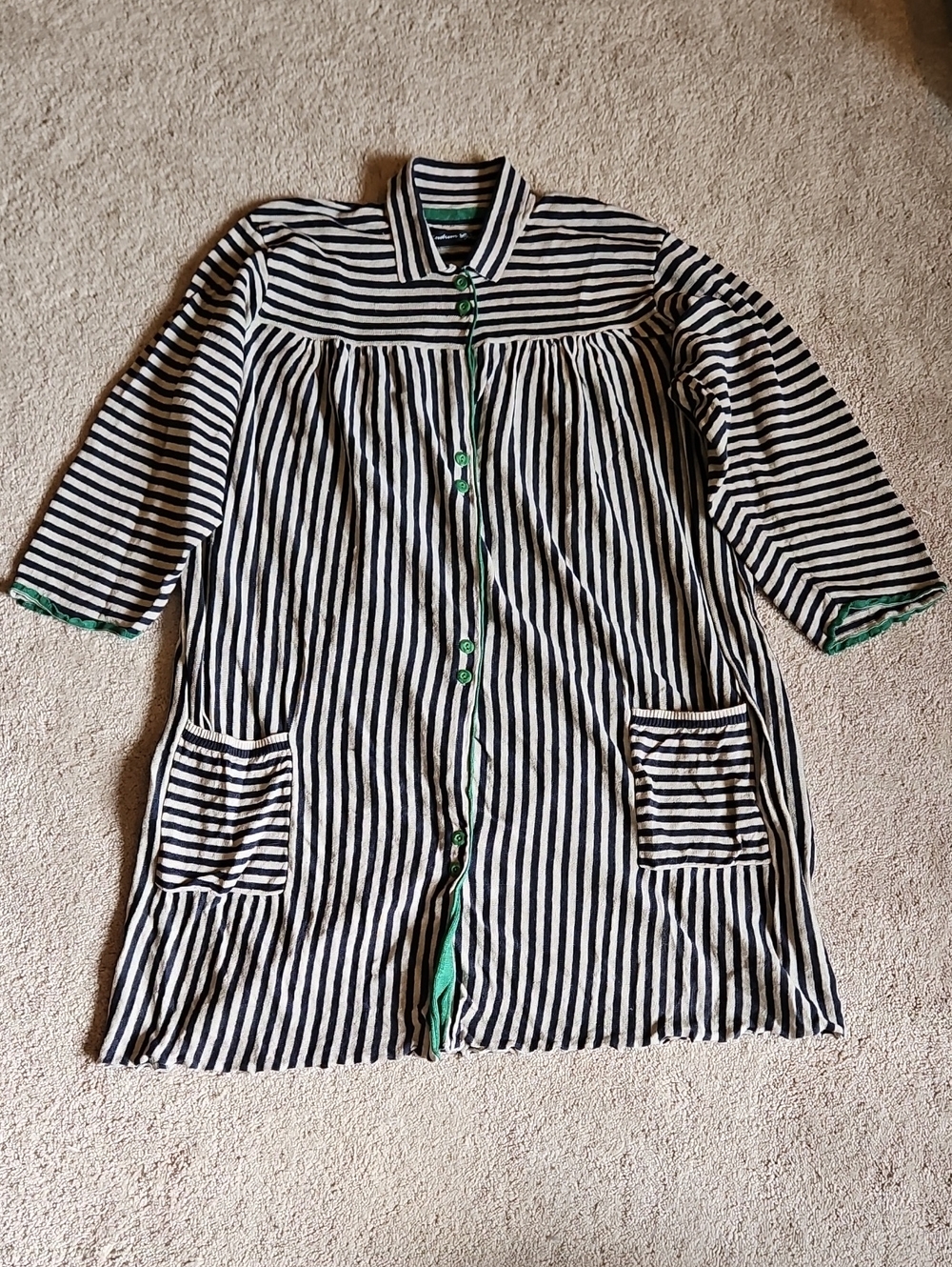 Gudrun Sjoden Navy and Oatmeal Striped Cotton Cardigan with Green Trim